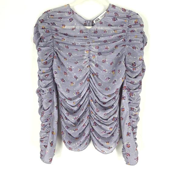 Zara Mauve Printed Ruched Blouse Purple Floral Small NWT - Picture 2 of 9